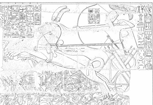 Line drawing of a relief where pharaoh with a falcon overhead draws his bow as his two-horse chariot tramples he fallen or fleeing enemy