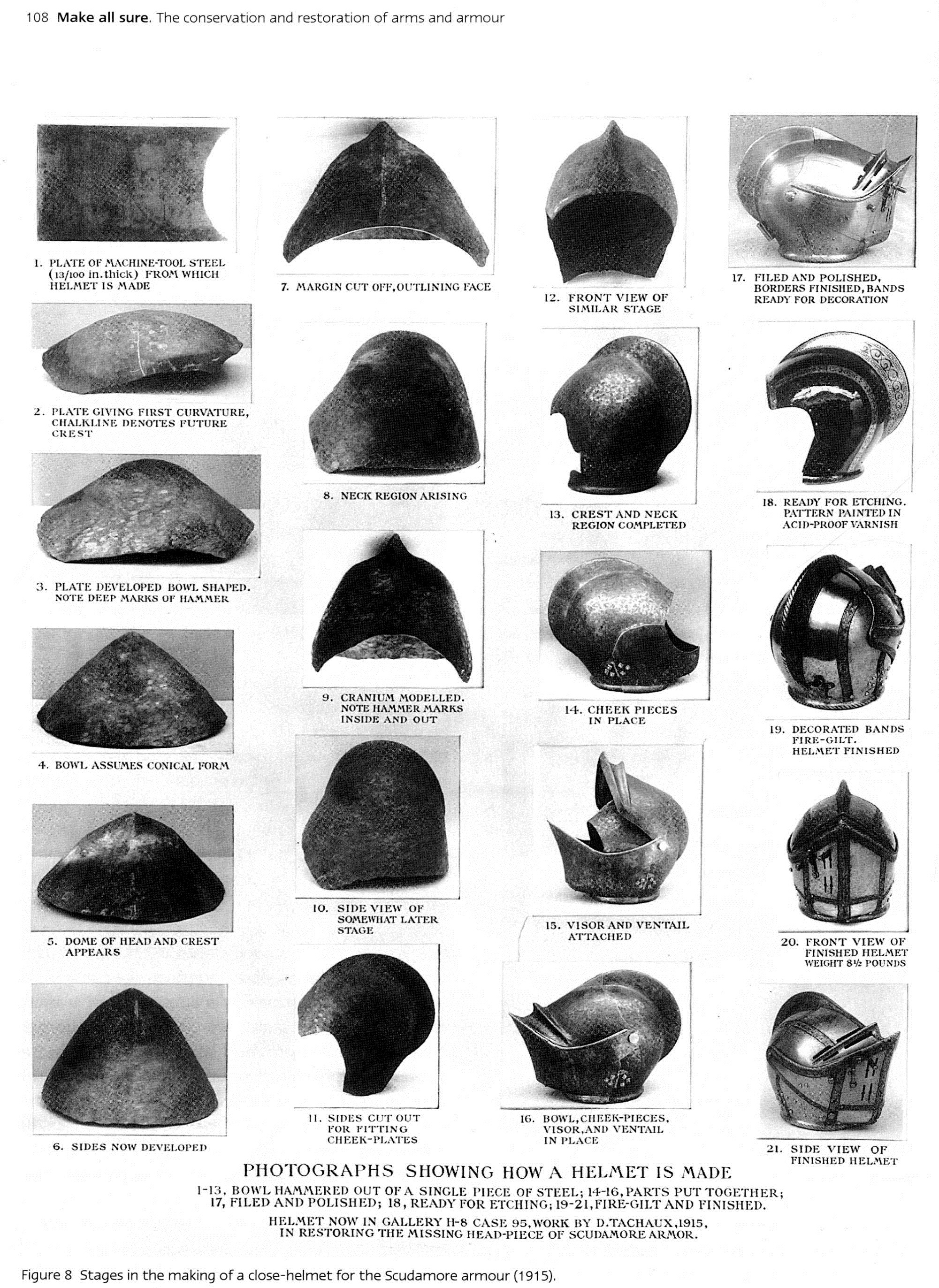 22 black and white photos of a helmet being worked from a simple plate of steel into a visored and polished and engraved and gilt form