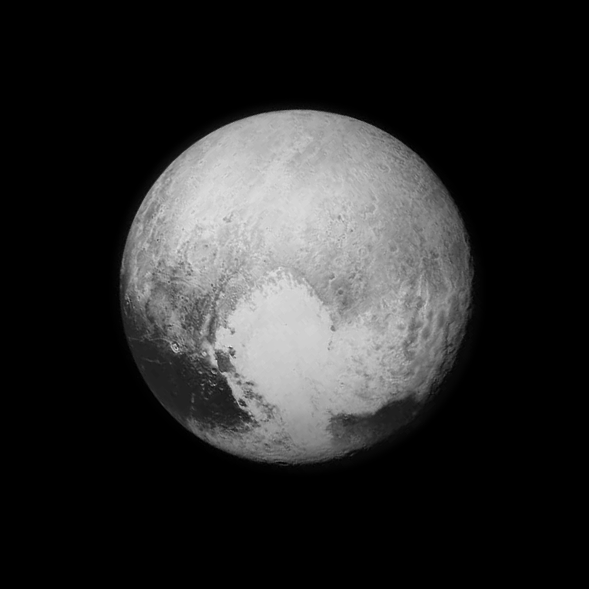 A black and white photo of Pluto silhouetted against the emptiness of the outer solar system
