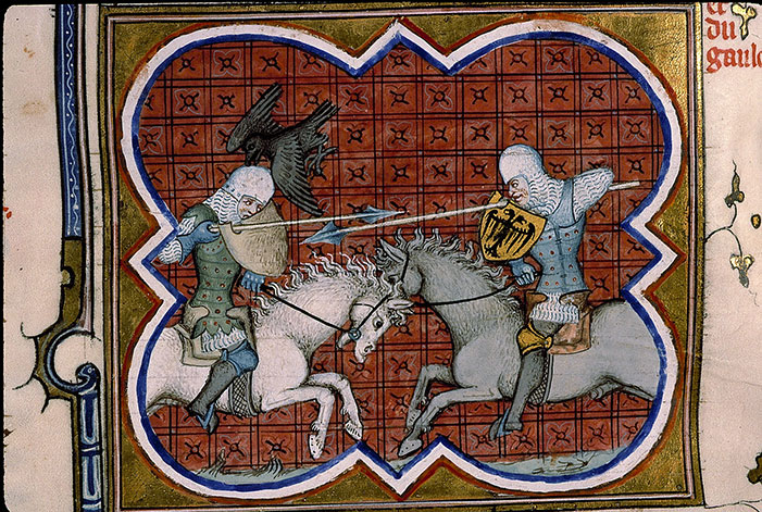 A painting of two knights jousting. The back of one is visible showing that his body armour folds under the armpits and buckles up the spine.