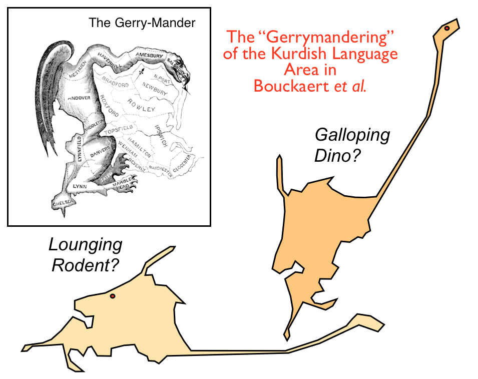 A diagram of electoral districts parodied as a mishapen monster, and a map of 'Kurdish-speaking regions' compared to a lounging rodent or galloping dino