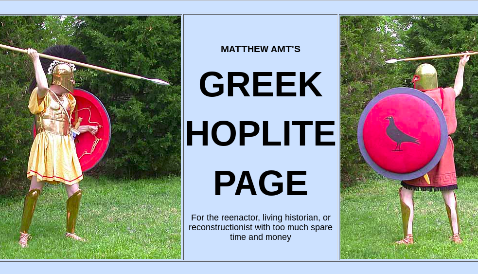 Screenshot of a website with a title flanked by two photos of hoplites