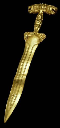A long, straight, two-edged dagger of solid gold with a hilt cast into ram's heads