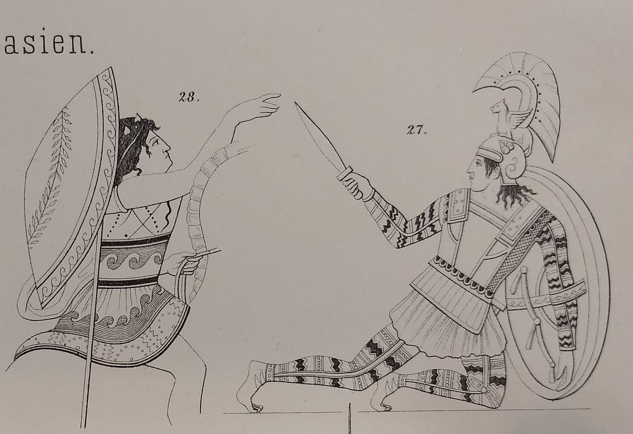 Two neoclassical drawings of ancient warriors, one fallen with a round shield on his arm holding up a short sword. He wears a so-called tube-and-yoke, Jarva type IV, or shoulder flap cuirass.