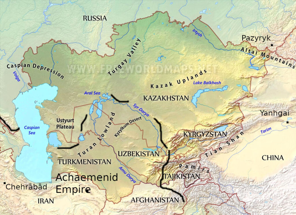 A topographical map of central Asia with modern borders and ancient sites