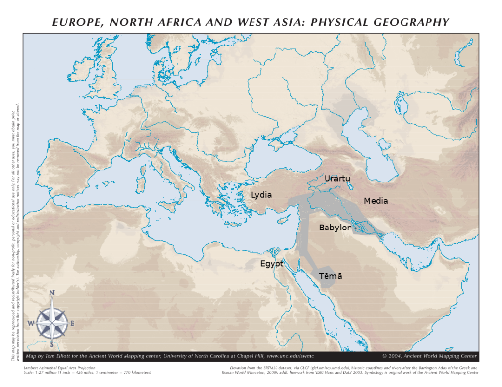 A topographic map of western Eurasia with the Neo-Babylonian Empire coloured in
