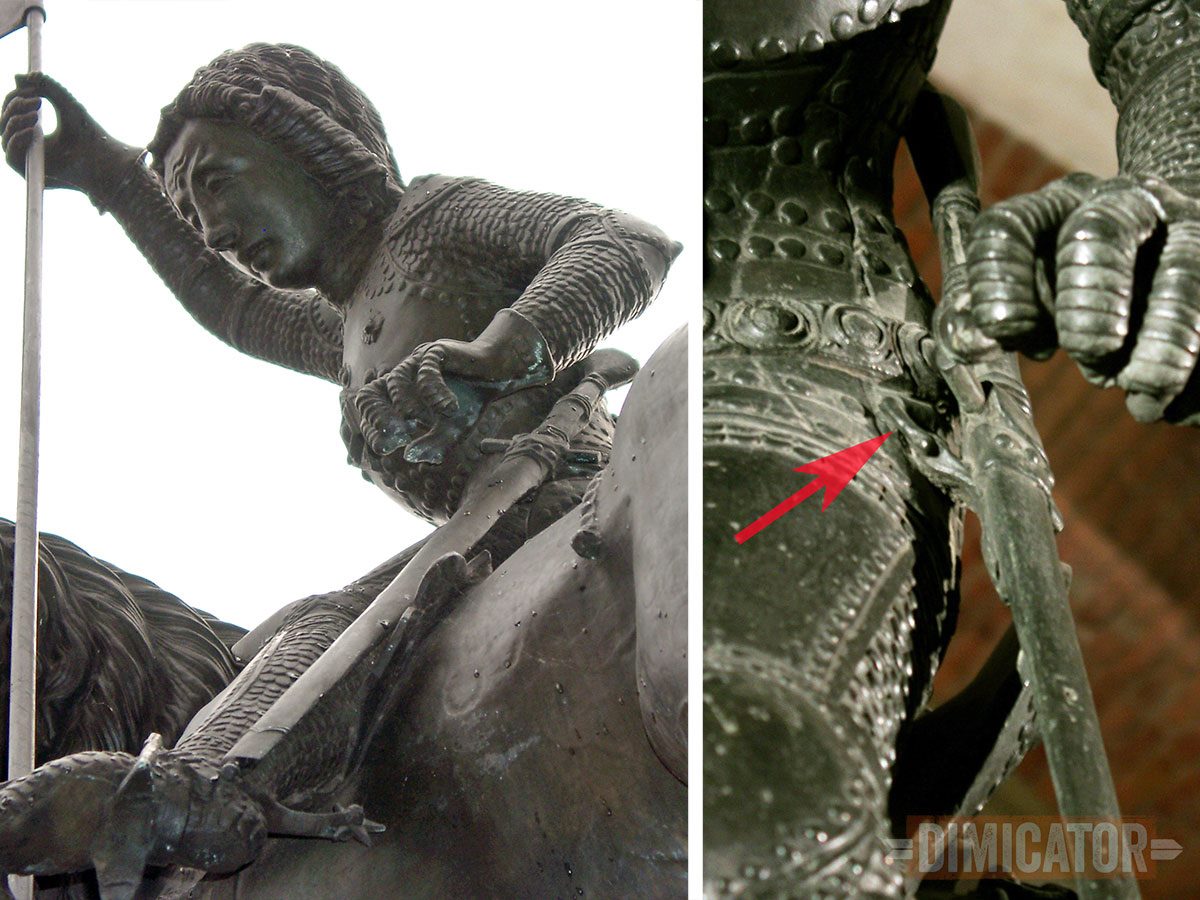 a bronze statue of a horseman in late medieval armour, and a closeup of how his scabbarded sword is hung