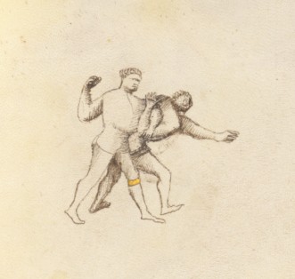 two wrestlers, one behind the other and locking the other's right arm behind his back with his left