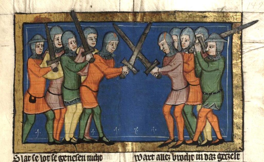 a late 14th century painting of two groups of soldiers.  The leader on either side has crossed swords