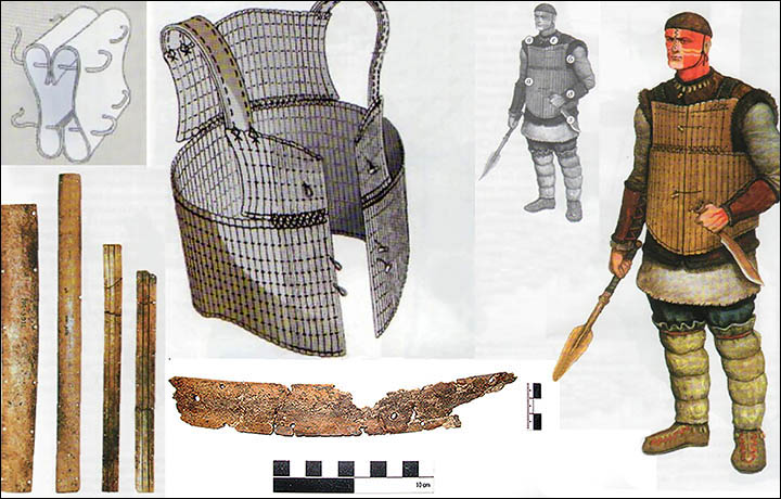 a diagram of bone armour from Bronze Age Siberia and a reconstruction of the wearer with a knife and short spear