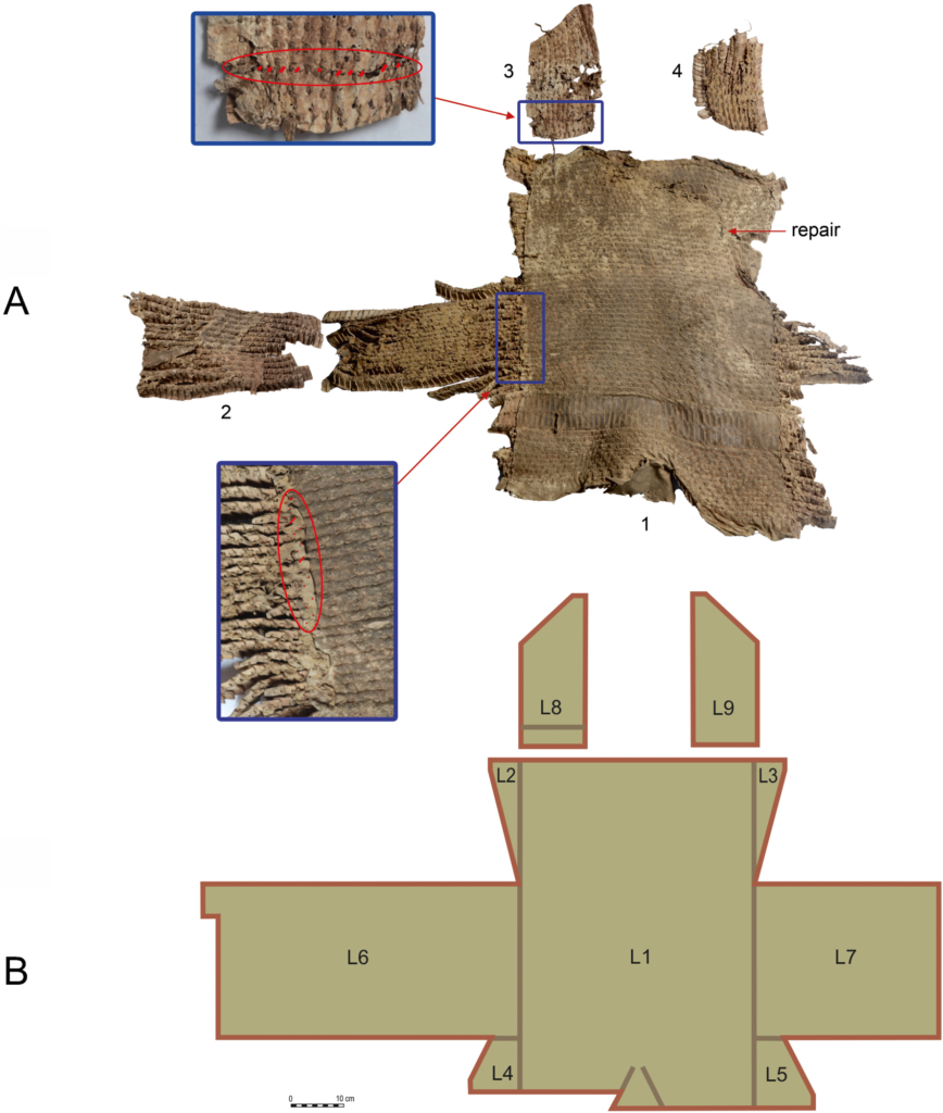 a leather scale armour from an archaeological excavation, and a pattern drawing