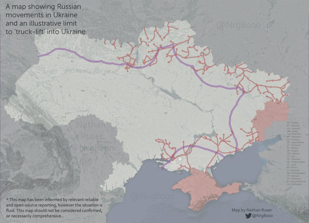 a topographical map of terrain with no cities, roads, or railroads but Russian troop movements