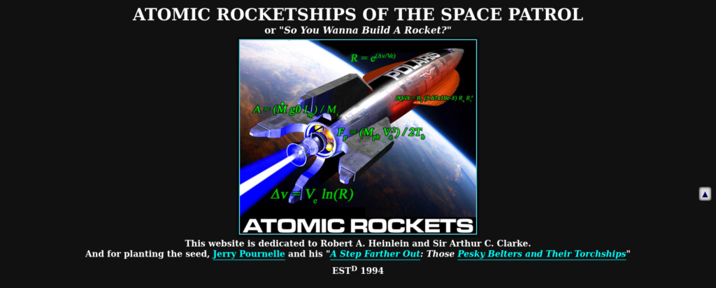 A screenshot of the homepage of http://projectrho.com/public_html/rocket/ with digital art of a torchship against the background of a planet overlaid with equations