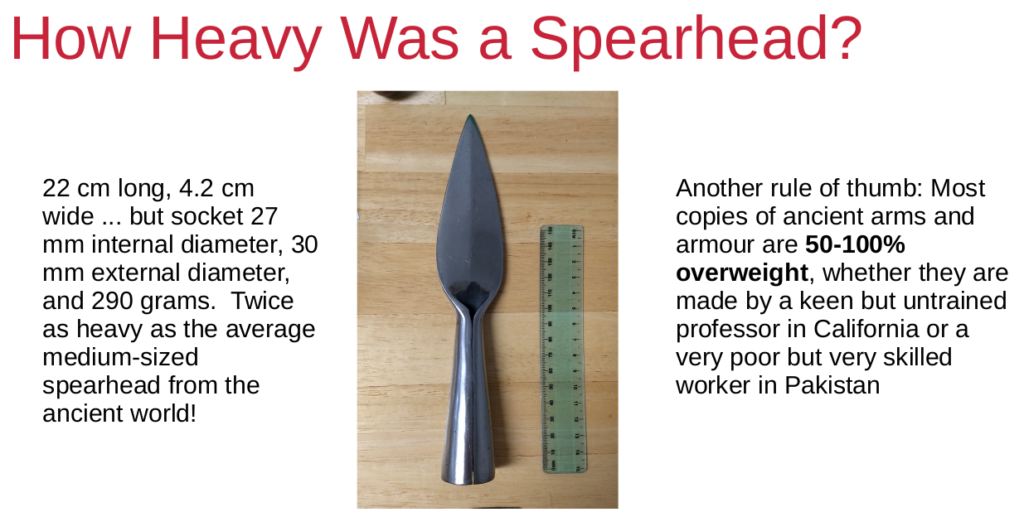 a socketed steel spearhead, labeled "how heavy was a spearhead". it weighs 290 grams and has a socket diameter of 30 mm