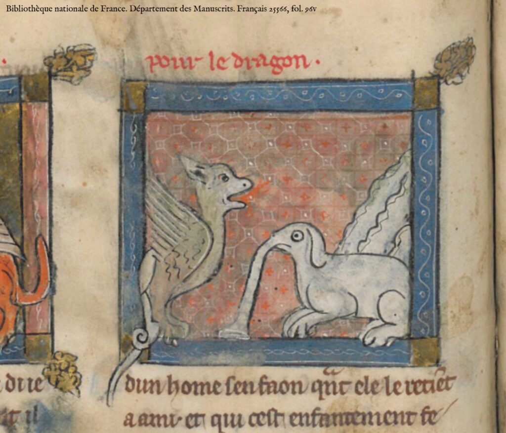 a manuscript illumination of a dragon confronting an elephant