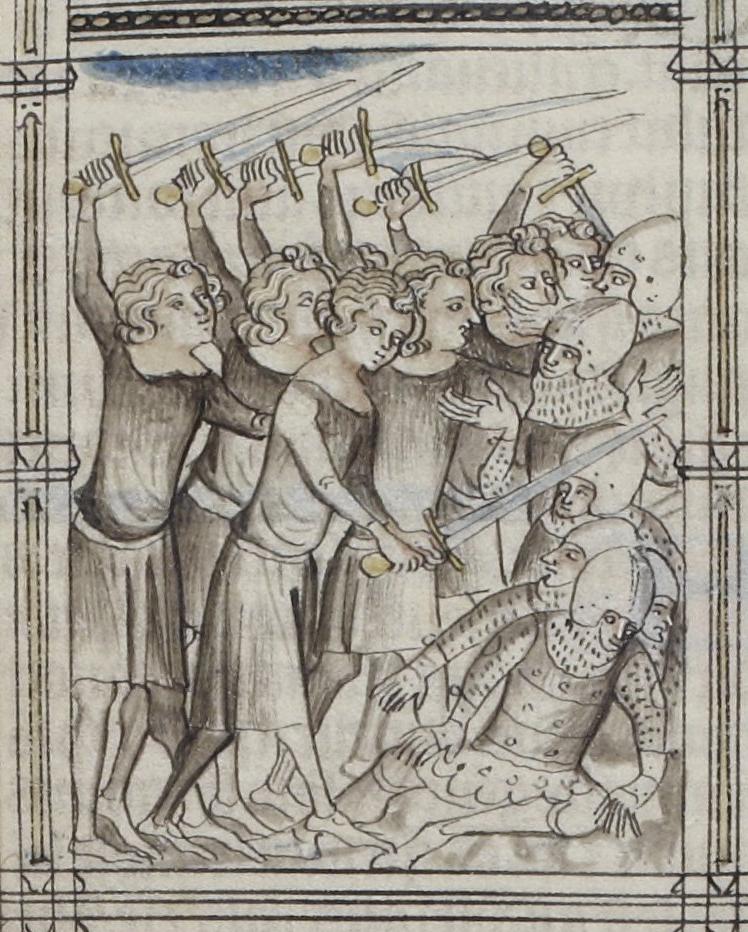 a greytone painting of men with swords killing fallen knights in armour