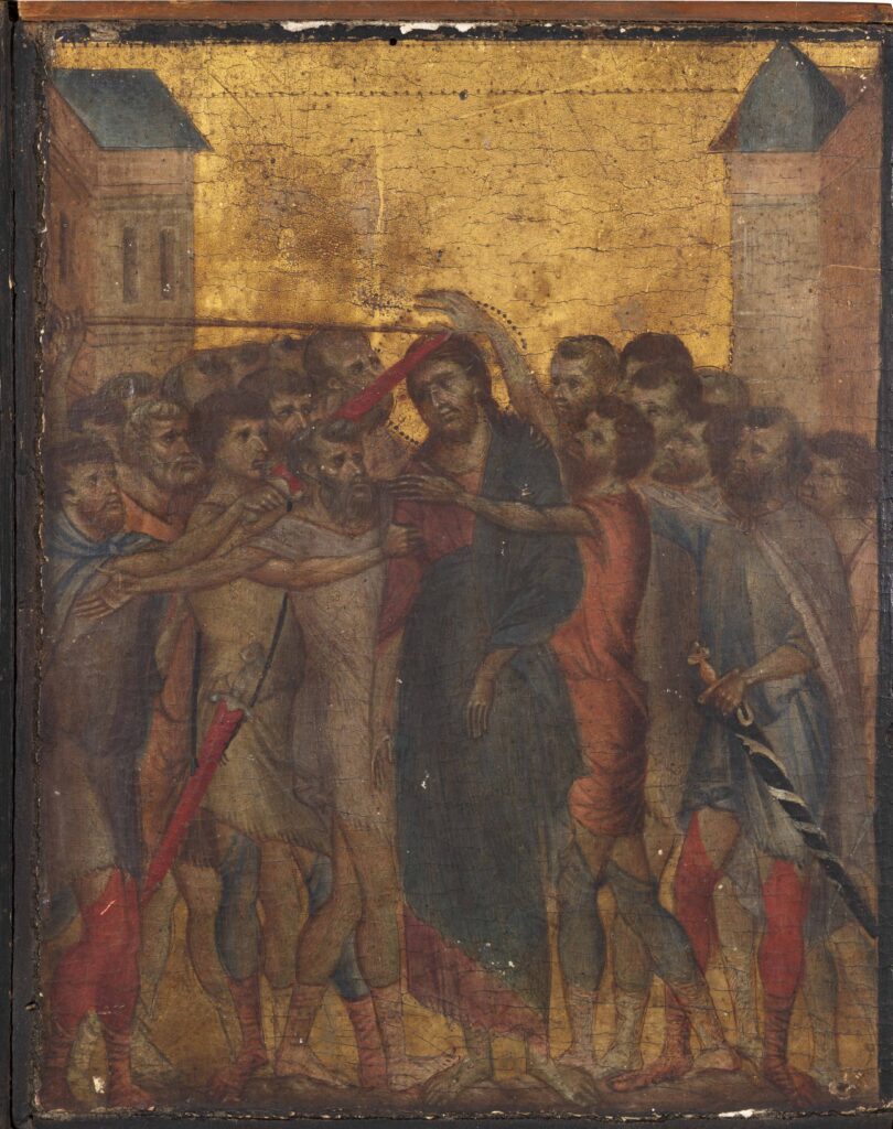 a cracked and dirty painting of Christ mocked.  The crowd wear a mix of Roman and medieval clothing, and two carry sheathed swords in hand.  The background is gilt.