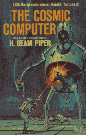 a painted book cover with a man in a pressure suit shooting at a giant anthropomorphic robot