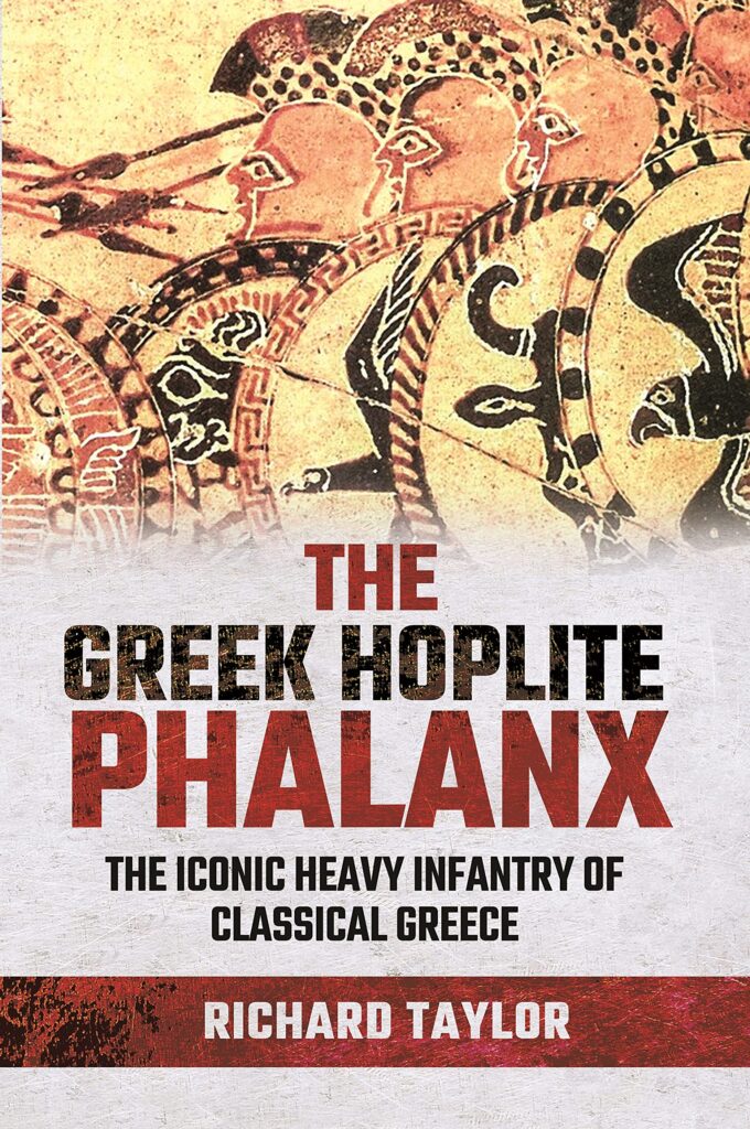 the cover of "The Greek Hoplite Phalanx" by Richard Taylor.  The top half of the cover is an image from the Chigi Vase, the bottom half has the title and author