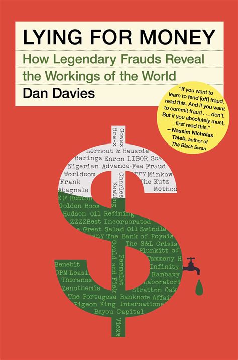 the cover of the US edition of "Lying for Money" by Dan Davies. It has a red background, a white and green dollar sign containing some keywords, and an endorsement by Nassim Nicholas Taleb in a yellow circle