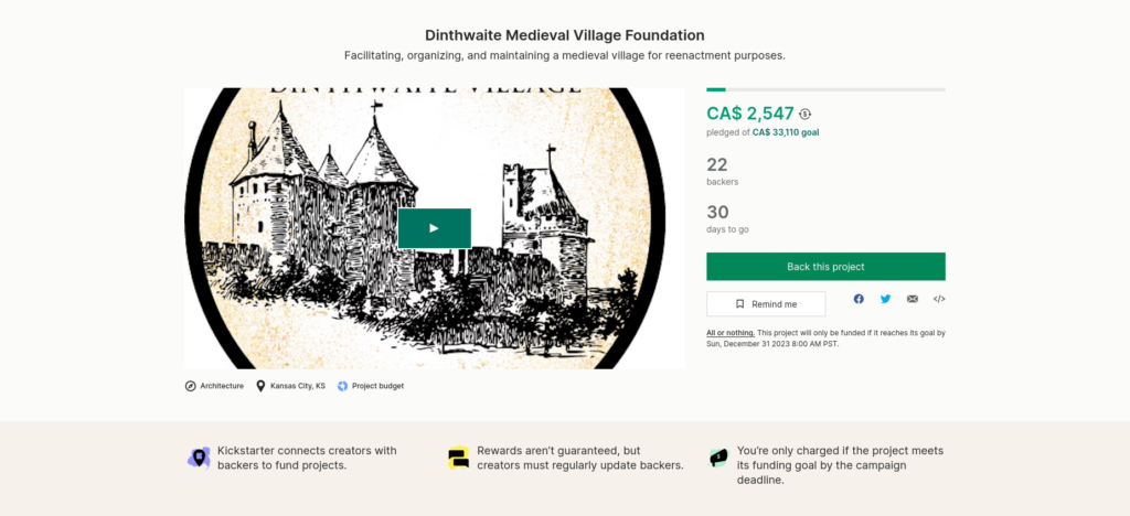 screenshot of the kickstarter pages for Dinthwaite Medieval Village Foundation