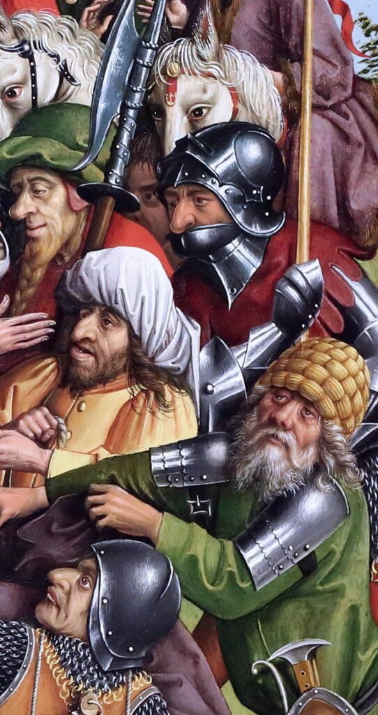 a group of rough soldiers in late-medieval armour and clothing; one has a coiled helmet