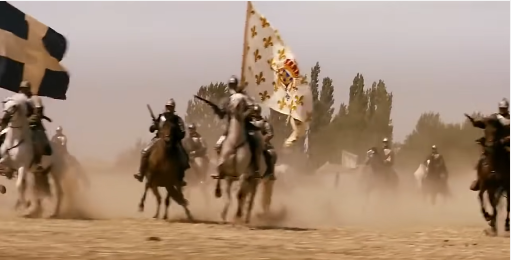 a clip of a cavalry charge with two large square banners
