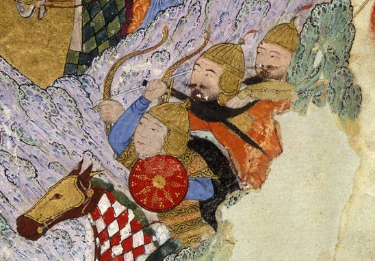 detail of a Persian painting of warriors with swords and bows on horseback. One carries a small round shueld which is red with diamond patterns in yellow and many concentric rings marked as darker lines