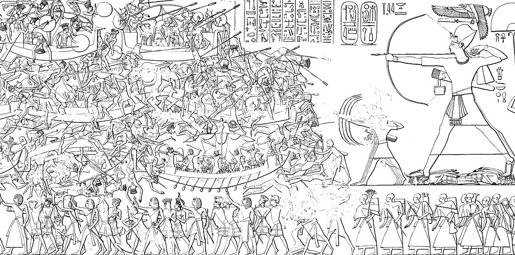 line drawing of an Egyptian pharaoh and smaller archers shooting at a sea filled with enemy boats and dying men while Eyptian boats attack from all directions. at the bottom, enemy captives are tied together and lead away in lines by Egyptian soldiers