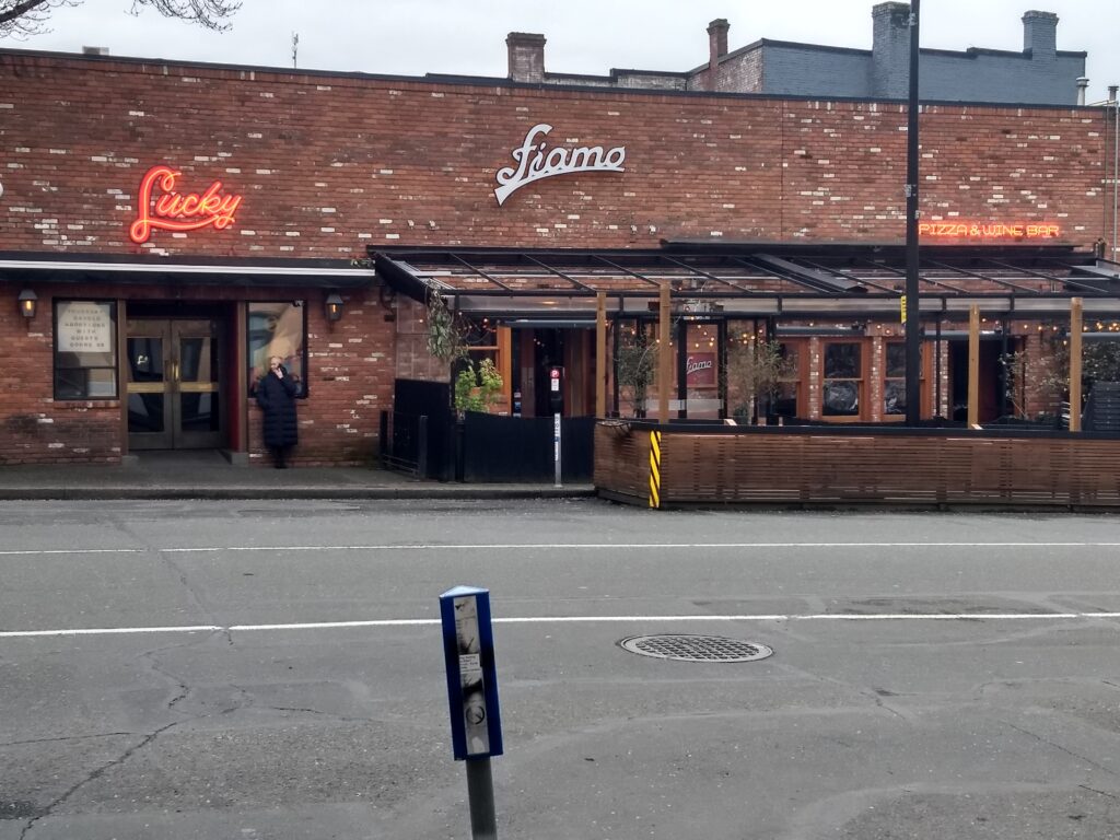 a view across the street of a low brick building with a neon sign for Fiamo Pizza & Wine Bar