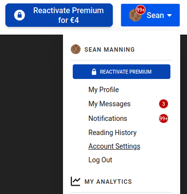 a screenshot from a web app for Sean Manning, with a white background and red and blue highlights.  A dropdown menu is visible