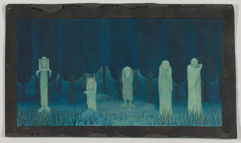 a watercolour drawing on card emphasizing blue-grey tones